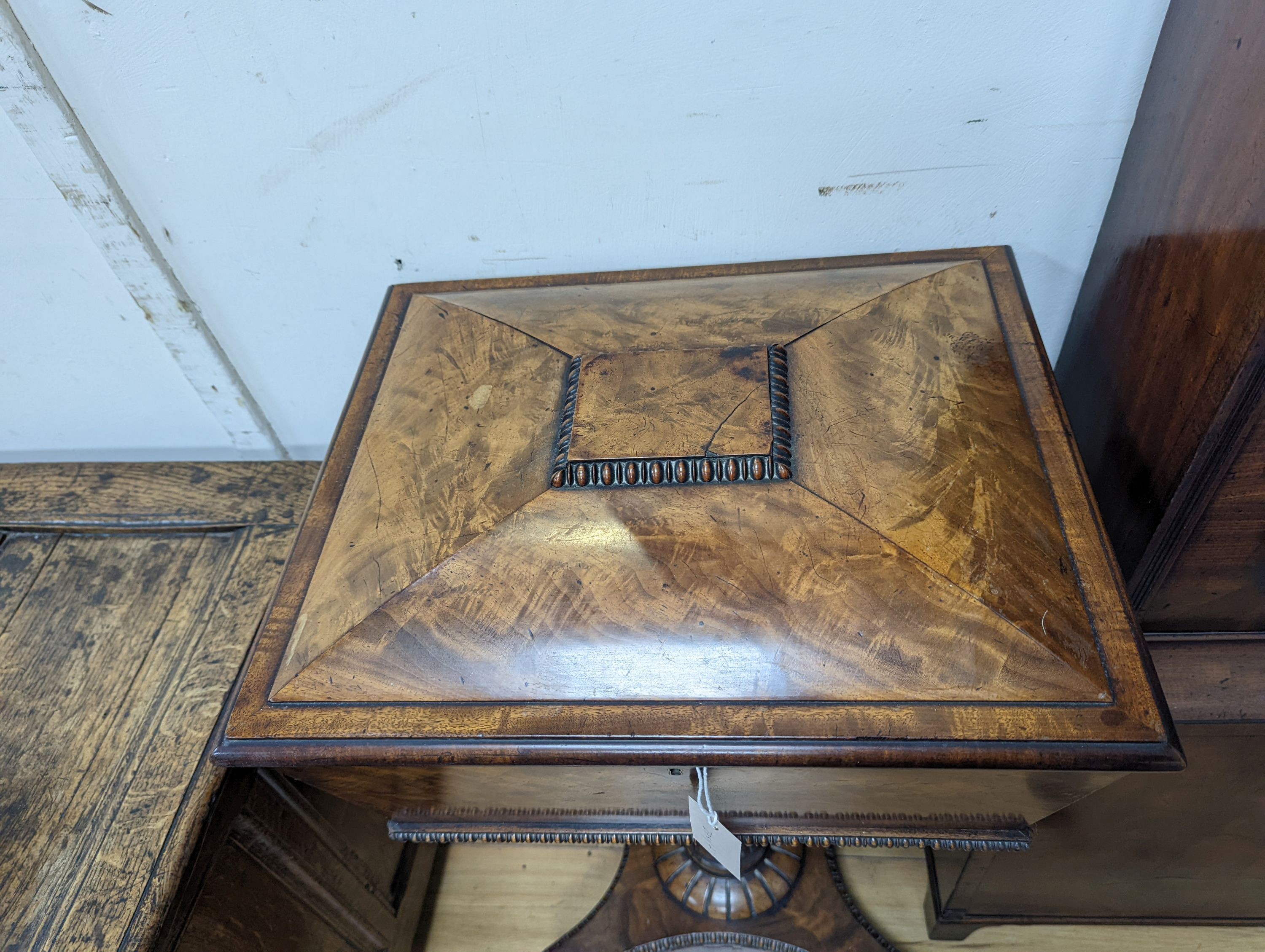 A William IV mahogany sewing table (converted from a teapoy), width 45cm, depth 37cm, height 78cm